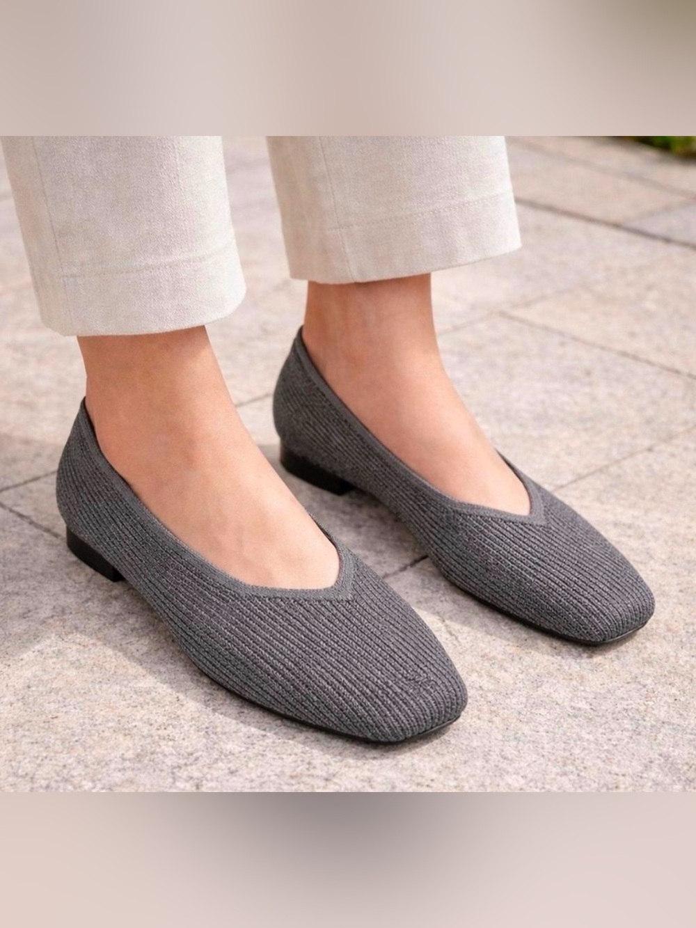 Vivaia Capsule Margot Square Toe Knit Ballet Flats Shoes In Gray Size 39.5